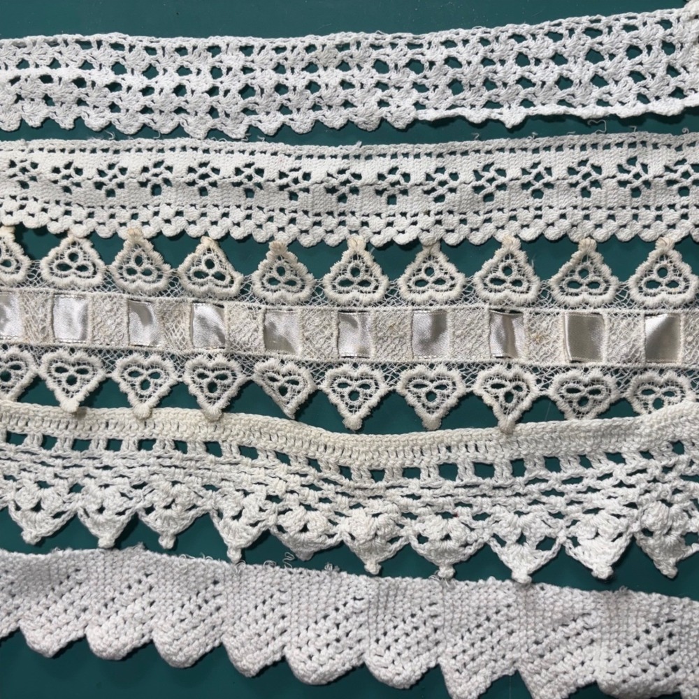 Vintage White Crochet Lace Trim Lot 6pc Heart Satin Ribbon Junk Journal Sewing